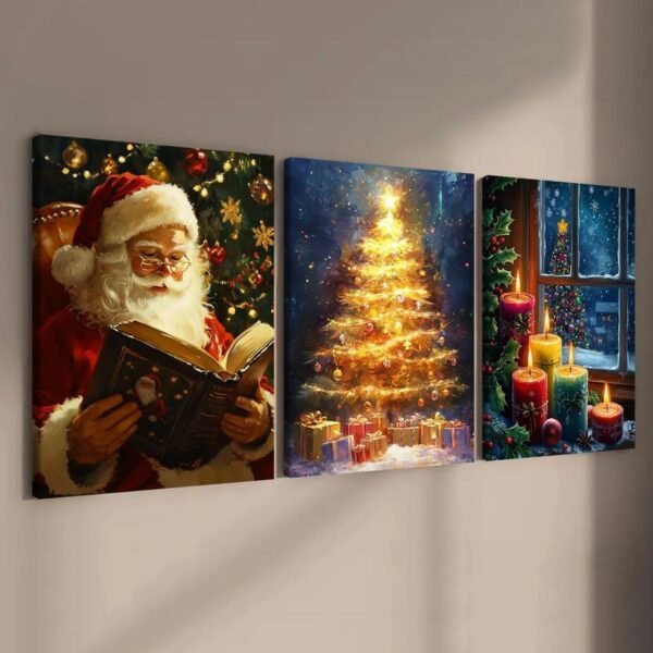 Christmas Themed Wooden Framed Canvas Painting,3Counts/set Santa Claus & Christmas Tree & Candle Pattern Wall Art, Wall Decor for Home Living Room Bedroom